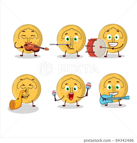 Cartoon character of dalgona candy umbrella playing some musical instruments 84342486