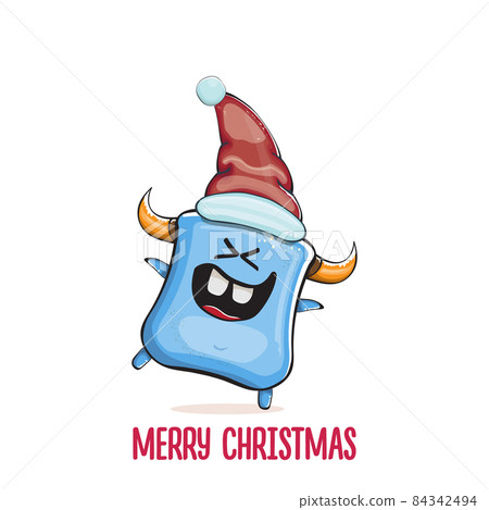 Vector cartoon funky blue monster with Santa Claus red hat isolated on white background. Childrens Merry Christmas greeting card with funny monster Santa Claus. Vector cartoon funky blue monster with Santa Claus red hat isolated on white background. Childrens Merry Christmas greeting card with funny monster Santa Claus. 84342494