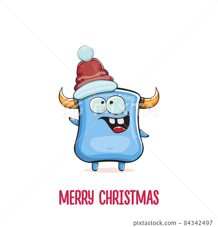 Vector cartoon funky blue monster with Santa Claus red hat isolated on white background. Childrens Merry Christmas greeting card with funny monster Santa Claus. Vector cartoon funky blue monster with Santa Claus red hat isolated on white background. Childrens Merry Christmas greeting card with funny monster Santa Claus. 84342497