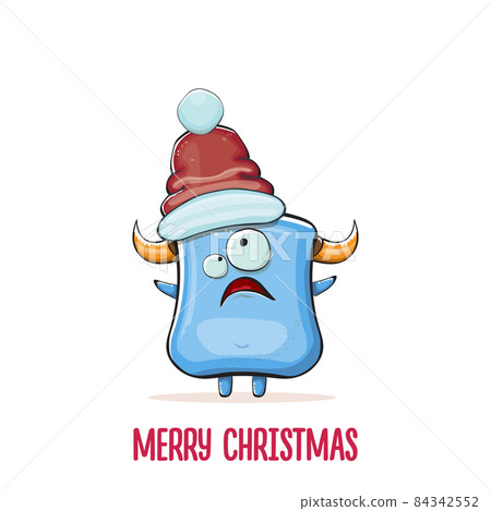 Vector cartoon funky blue monster with Santa Claus red hat isolated on white background. Childrens Merry Christmas greeting card with funny monster Santa Claus. 84342552