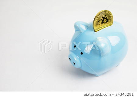 A piggy bank with a coin - bitcoin. Litecoin Ethereum On a light background A piggy bank with a coin - bitcoin. Litecoin Ethereum On a light background 84343291