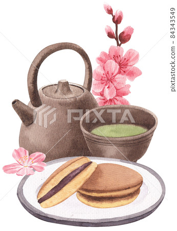 Wagashi Japanese Sweets Watercolor 84343549