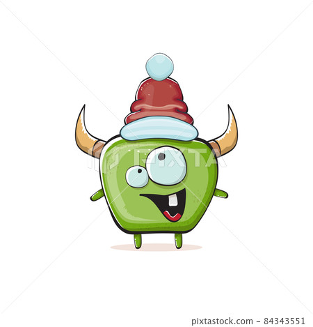 Vector cartoon funky green monster with Santa Claus red hat isolated on white background. Childrens Merry Christmas greeting card with funny monster elf Santa Claus. Vector cartoon funky green monster with Santa Claus red hat isolated on white background. Childrens Merry Christmas greeting card with funny monster elf Santa Claus. 84343551