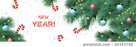 Christmas festive realistic tree with many multi-colored Christmas balls, bright garland - Vector 84343748