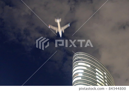 A passenger plane ready to land over Shinagawa Station at night A passenger plane ready to land over Shinagawa Station at night 84344800