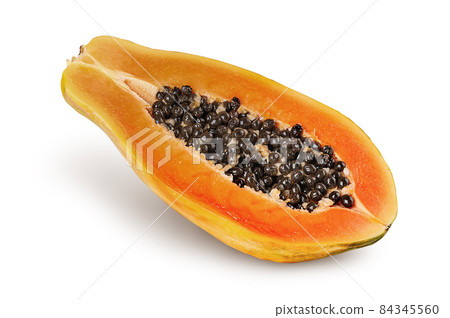 Single half ripe papaya rotated isolated on white Single half ripe papaya rotated isolated on white 84345560