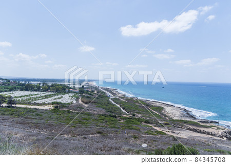 Mediterranean sea, white chalk rocks and some beaches captured from Rosh HaniKra formation in Israel. 84345708