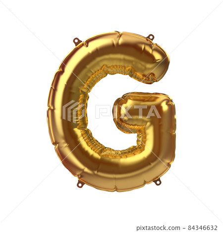 3D Render of Golden inflatable foil balloon letter G. Party decoration element. Yellow character isolated on white background. New year celebration postcard part. Graphic element sign for web design 84346632