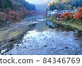 Korankei Gorge in the early morning, Asuke-cho, Toyota City, Aichi Prefecture, Autumn leaves and Taigetsu Bridge on the Tomagawa River 84346769