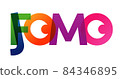 JOMO FOMO word vector illustration. Joy Fear Of Missing Out. Colored rainbow text. Vector banner. Corporate concept. Gradient Text. Transparency Letters 84346895