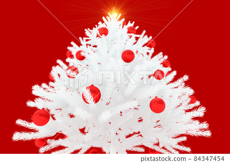 A white Christmas tree with red toys and a glowing star on a red background. Bottom-up view. 3D rendering A white Christmas tree with red toys and a glowing star on a red background. Bottom-up view. 3D rendering 84347454