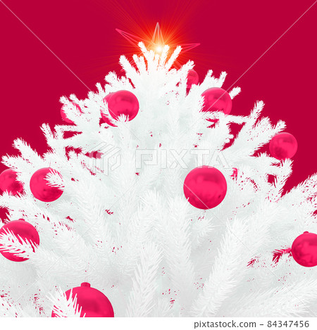 A fragment of a white, artificial Christmas tree, with toys and a glowing star. Bottom-up view. Close frame on cherry color background. A fragment of a white, artificial Christmas tree, with toys and a glowing star. Bottom-up view. Close frame on cherry color background. 84347456
