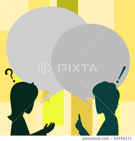 Couple Drawing With A Big Blank Chat Cloud Talking To Each Other Sharing New Amazing Ideas. Partners Drawing Speaking To Large Message Box Arguing One Another. 84348131