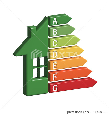 Energy efficiency chart and house concept. Home icon . Solar power. Green home. 3D icon. stock illustration Energy efficiency chart and house concept. Home icon . Solar power. Green home. 3D icon. stock illustration 84348358