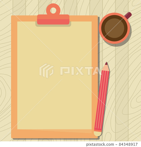 Illustration Of Large Pencil On Top Of Table Beside The Big Blank Clipboard And Coffee Mug. Empty Form Holder Drawing Beside Drinking Cup Placed At Desk. Illustration Of Large Pencil On Top Of Table Beside The Big Blank Clipboard And Coffee Mug. Empty Form Holder Drawing Beside Drinking Cup Placed At Desk. 84348917