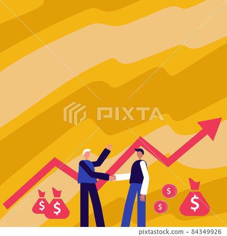 Two Men Standing Shaking Hands With Financial Arrow For Growth And Money Bags. Businessmen Handshaking Drawing With Arrow For Stock Success With Dollars Sacks In Background 84349926