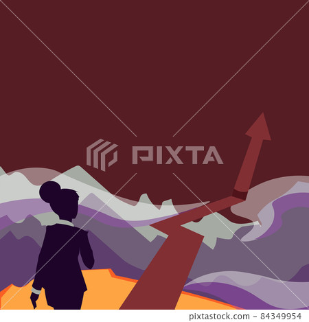 Lady Walking Towards Mountains With An Arrow Marking Success. Business Woman Marching Towards Her Accomplishment With A Large Mark For The Hills. 84349954