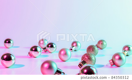 Christmas balls pattern neon background. Xmas bauble on abstract holiday winter gradient backdrop. Happy new year copy space. Christmas balls pattern neon background. Xmas bauble on abstract holiday winter gradient backdrop. Happy new year copy space. 84350312