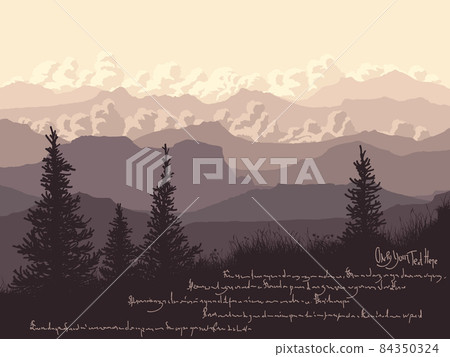 Horizontal illustration of misty evening with trees in meadow and mountain valley. 84350324