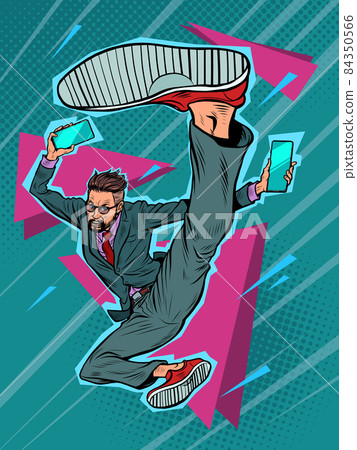 kick jump businessman with smartphone, success energy leader. Martial arts, karate and Wushu 84350566