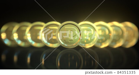 Ruble symbols on golden coins on black background. Conceptual 3D rendering Ruble symbols on golden coins on black background. Conceptual 3D rendering 84351335