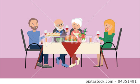 Thanksgiving dinner table and people Thanksgiving dinner table and people 84351491
