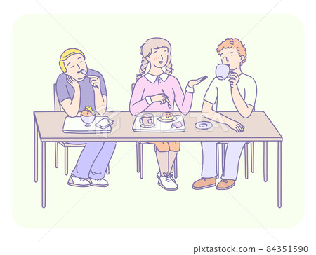 Students lunch time. Group of young people eating fast food, ice cream, sweet, drink coffee. Friends students sitting together at the table chatting communicate together and having lunch Students lunch time. Group of young people eating fast food, ice cream, sweet, drink coffee. Friends students sitting together at the table chatting communicate together and having lunch 84351590