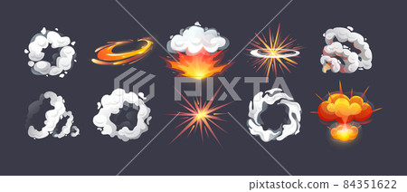 Animation for game comic explosion effect frames. Energy explosion, flame smoke cloud, motion blast effects, steam clouds, puff, mist, fog, water vapor, fire, comic power explosions Animation for game comic explosion effect frames. Energy explosion, flame smoke cloud, motion blast effects, steam clouds, puff, mist, fog, water vapor, fire, comic power explosions 84351622