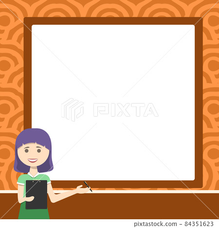 Lady Drawing Standing Holding Clipboard Presenting New Ideas To Team. Woman Design Stands Uses Board To Show New Technologies For Students. Lady Drawing Standing Holding Clipboard Presenting New Ideas To Team. Woman Design Stands Uses Board To Show New Technologies For Students. 84351623