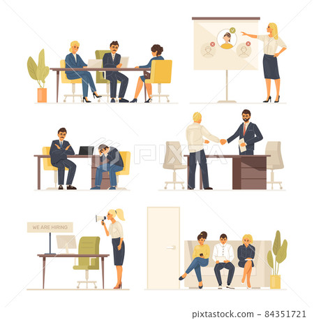 Headhunting, recruitment, staff search, employment service. Job managers, employers, recruiters hiring staff. Job seekers at interview vacancy candidates. Hiring and refusing to work, HR agency 84351721