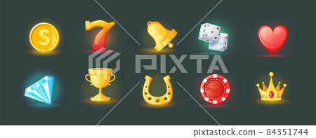 Realistic icons for casino slot machine. Game interface for gambling games casino machines. Icons gold coins, cup, luck horseshoe, heart, crown, diamonds, game cube. Bonus logos for gambling Realistic icons for casino slot machine. Game interface for gambling games casino machines. Icons gold coins, cup, luck horseshoe, heart, crown, diamonds, game cube. Bonus logos for gambling 84351744