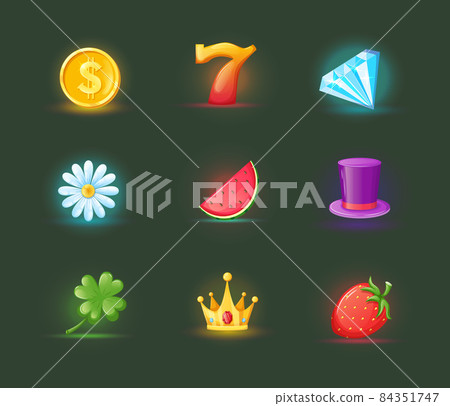 Realistic icons for casino slot machine. Game interface for gambling games lotteries casino machines. Bonus logos for gambling cartoon vector. 84351747