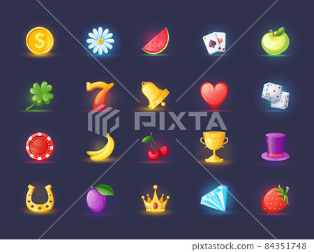 Realistic icons for casino slot machine. Game interface for gambling games lotteries casino machines. Bonus logos for gambling cartoon vector. 84351748