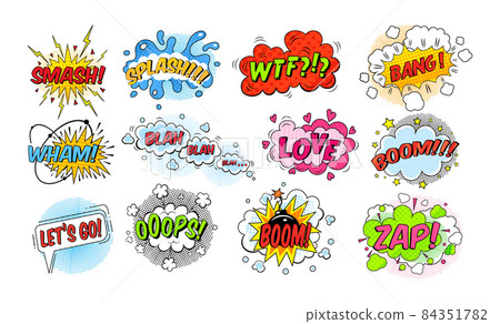 Comic speech bubble. Speech clouds with quotes, exclamations, , surprise, admiration, anger, sound effects pop art. Cartoon pattern with comic speech bubble, boom, burst clouds. Comic speech bubble. Speech clouds with quotes, exclamations, , surprise, admiration, anger, sound effects pop art. Cartoon pattern with comic speech bubble, boom, burst clouds. 84351782