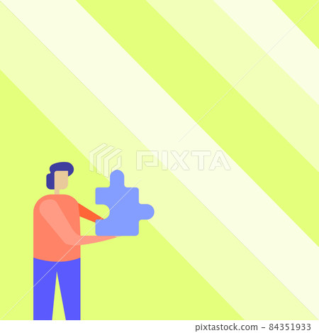 Business Man Holding Jigsaw Puzzle Piece Unlocking New Futuristic Technologies. Man Carrying Puzzles Part Displaying Solving Late Innovative Virtual Ideas. 84351933