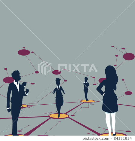 Several Team Members Standing Separate Thinking And Connected With Lines On Floor. Crew Group Placed Over Linked Together With Straight Lines. 84351934