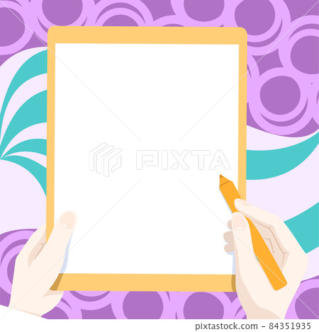 Drawing Of Both Hands Holding Tablet Lightly Presenting Wonderful Ideas. Pair Palm Drawing Using Big Pad Showing Amazing Modern Automation. 84351935