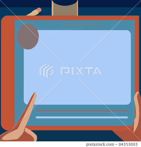 Illustration Of A Hand Using Big Tablet Searching Plans For New Amazing Ideas. Palm Drawing Holding Large Pad Finding Old Wonderful News For The Project. 84353003