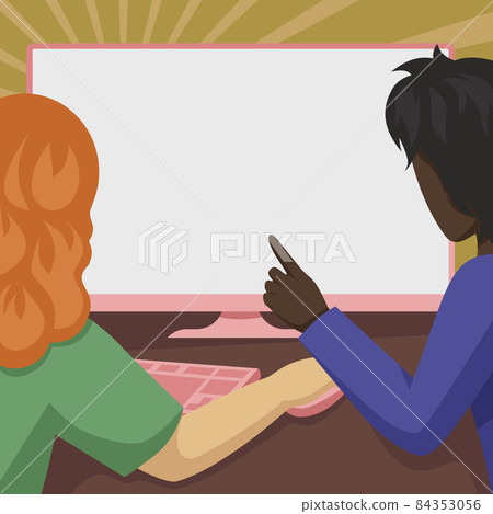 Couple Drawing Using Desktop Computer Helping Each Other Accomplishing Work. Man Pointing To A Big Blank Monitor Screen Helping The Lady Finish Her Task. 84353056
