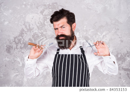 Barber tools. Barber in apron hairdresser equipment blade Barber tools. Barber in apron hairdresser equipment blade 84353153