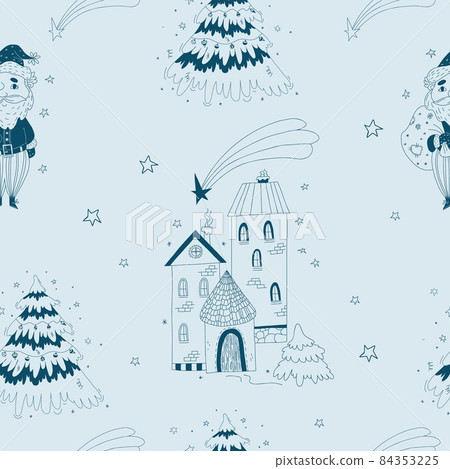 Seamless linear pattern. Christmas with Santa Claus with gifts and Christmas tree, Hous and Star of Bethlehem on light blue background with New Years linear decor and stars. Vector illustration Seamless linear pattern. Christmas with Santa Claus with gifts and Christmas tree, Hous and Star of Bethlehem on light blue background with New Years linear decor and stars. Vector illustration 84353225