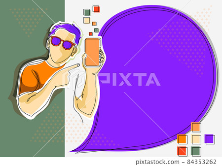 Line Drawing For Youth Guy Holding Phone Presenting New Ideas With Speech Bubble. Man Carrying Mobile Displaying New Ideas With Conversation Balloon. 84353262