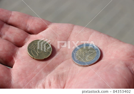 No money concept. Poor man hand begging for money. Dirty hand holding euro coins 84353402
