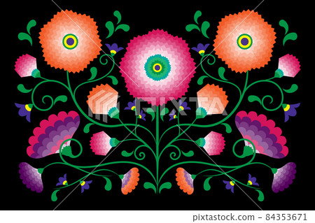 Embroidery native flowers folk pattern with Polish and Mexican influence. Trendy ethnic decorative traditional floral in symmetric design, for fashion, interior, stationery. Vector isolated on black Embroidery native flowers folk pattern with Polish and Mexican influence. Trendy ethnic decorative traditional floral in symmetric design, for fashion, interior, stationery. Vector isolated on black 84353671
