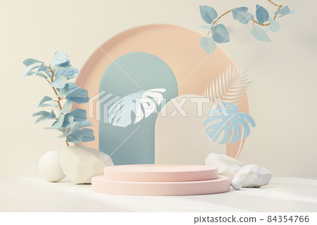 3d render of abstract pedestal podium display with Tropical leaves and Blue pastel plant scene. Product and promotion concept for advertising. Blue pastel natural background. 3d render of abstract pedestal podium display with Tropical leaves and Blue pastel plant scene. Product and promotion concept for advertising. Blue pastel natural background. 84354766