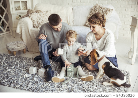 happy family playing with a pet dog in the spacious living room happy family playing with a pet dog in the spacious living room 84356026