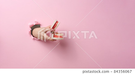 female hand holds a plastic human jaw with white even teeth on a pink background. Part of the body sticking out of a torn hole in the paper, banner. Place for inscription female hand holds a plastic human jaw with white even teeth on a pink background. Part of the body sticking out of a torn hole in the paper, banner. Place for inscription 84356067