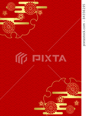 Japanese paper style Japanese flowers and gold leaf clouds Qinghai wave background Vertical / red 84356195