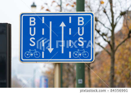 Koekelberg, Brussels Capital Region, Belgium - 11 19 2021: Blue sign for bus and bike lanes. 84356991