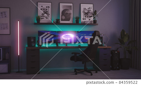 Games room with a cyber gamer computer. 3d rendering image of neon lighting Games room with a cyber gamer computer. 3d rendering image of neon lighting 84359522